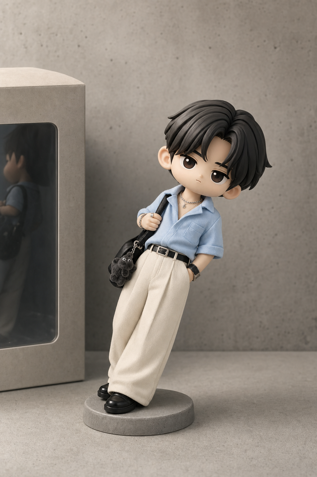 TIGER Q version collectible figure leaning beside a display box